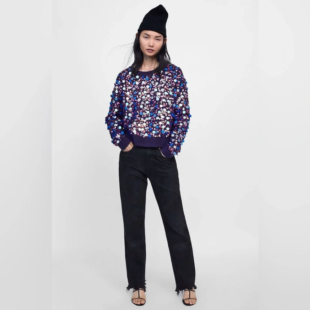 Zara Sequin Embellished Sweater - Purple and Blue lightly worn SZ L - Picture 2 of 6